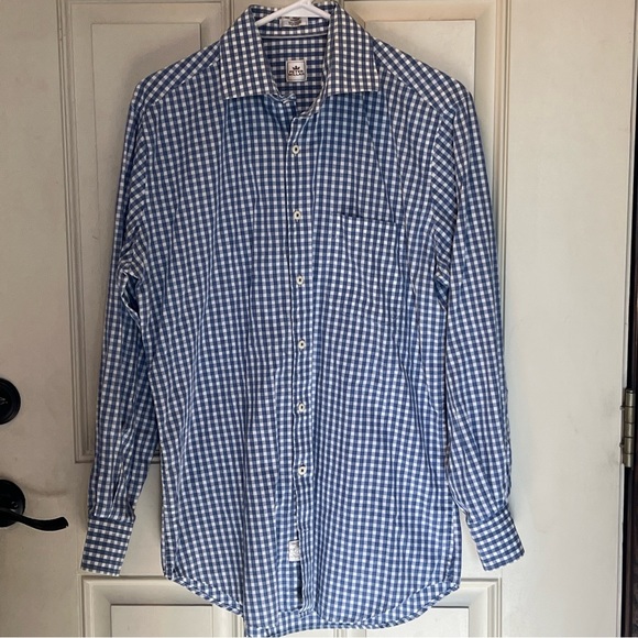 Peter Millar Checkered Blue White Button Up Long Sleeve Dress Shirt Men's Medium - Picture 1 of 10